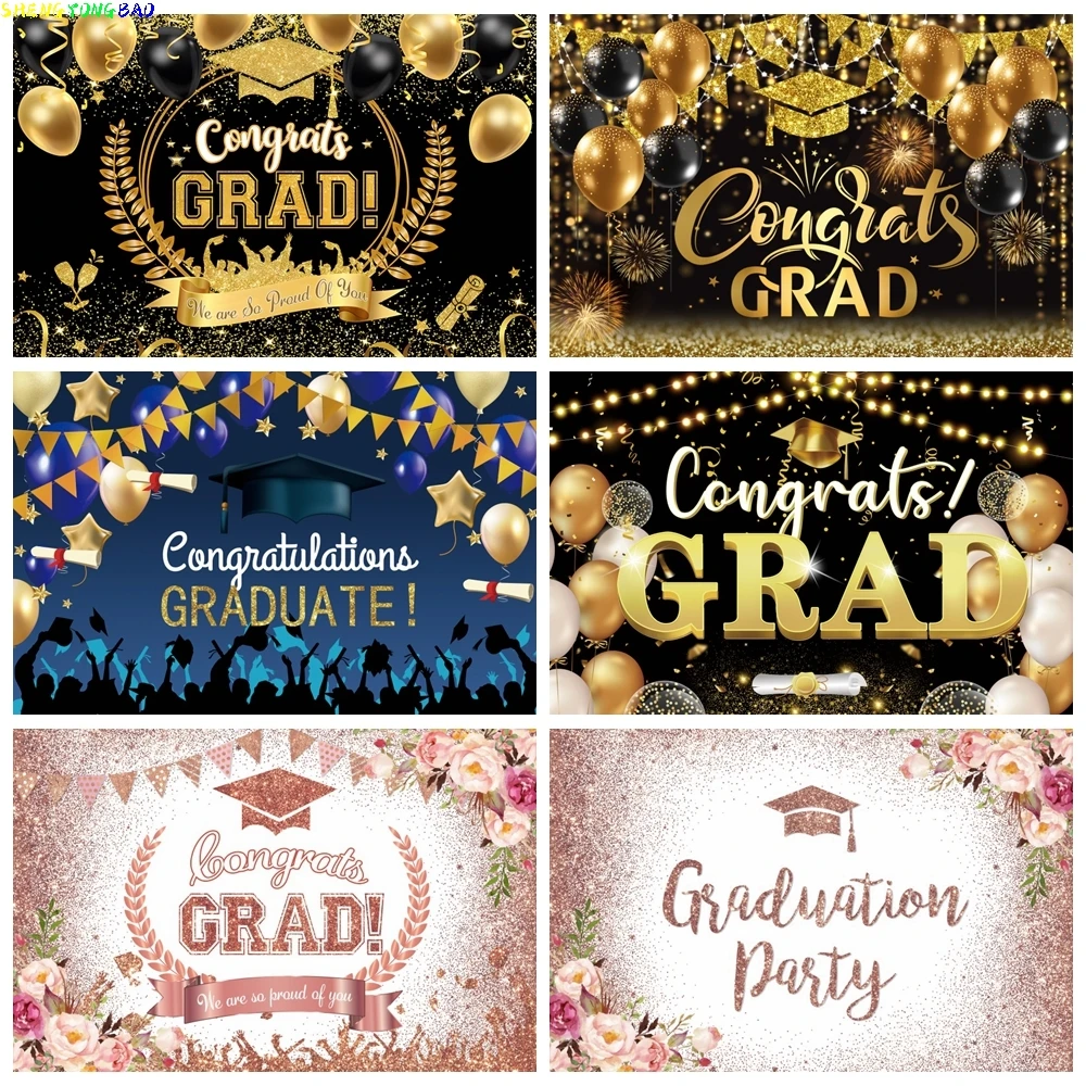 

Graduation Party Backdrop Class of 2024 Congrats Grad Congratulation Graduates Gold Glitter Balloon Photography Background Decor