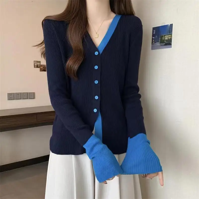 Autumn Knit Cardigan Girl Patchwork Long Sleeve Sweater Shirts Woman Contrast Color Knitted Tops Elegant Sweet Slim Chic Top New