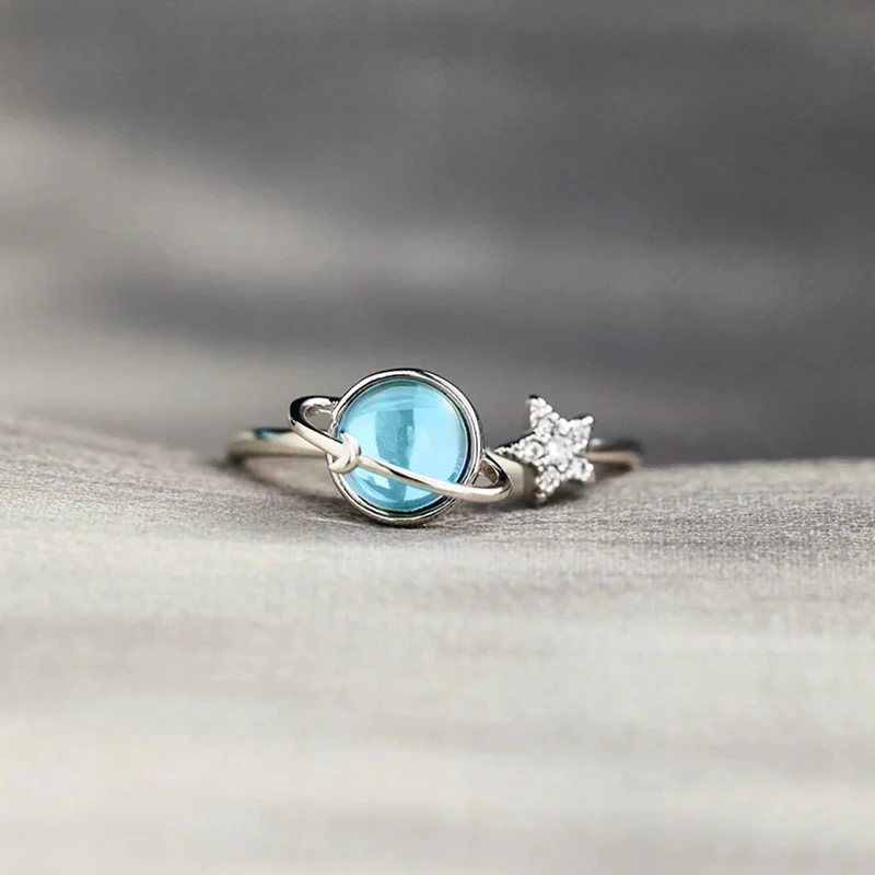 Women's Blue Planet and Silver Color Star Ring, Unique Design