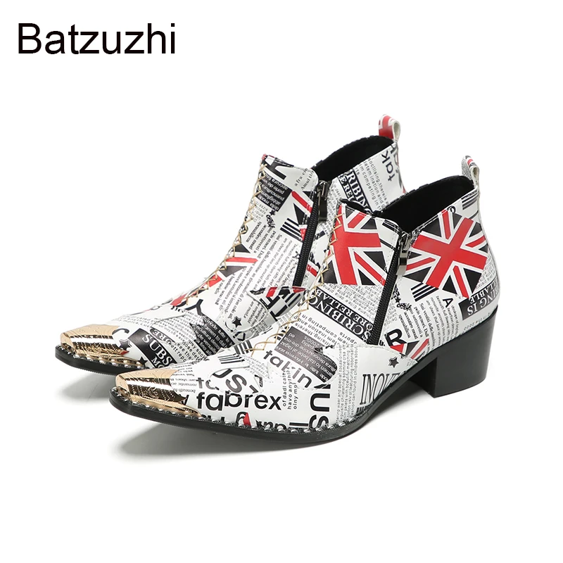 Batzuzhi Botas de diseñador para hombre, zapatos con punta de hierro, botines de cuero para hombre, tacones altos de 6,5 cm, botas de moda para fiesta y boda