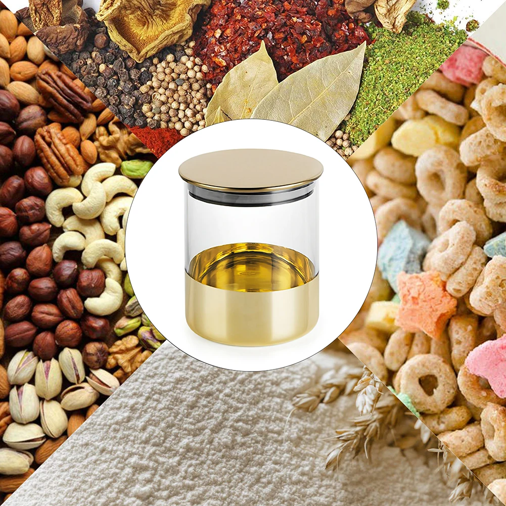 Golden Storage Sealed Glass Jar With Cover Coffee Bean Food Fruit Tank Metal Container Kitchen Grain Storage Jar