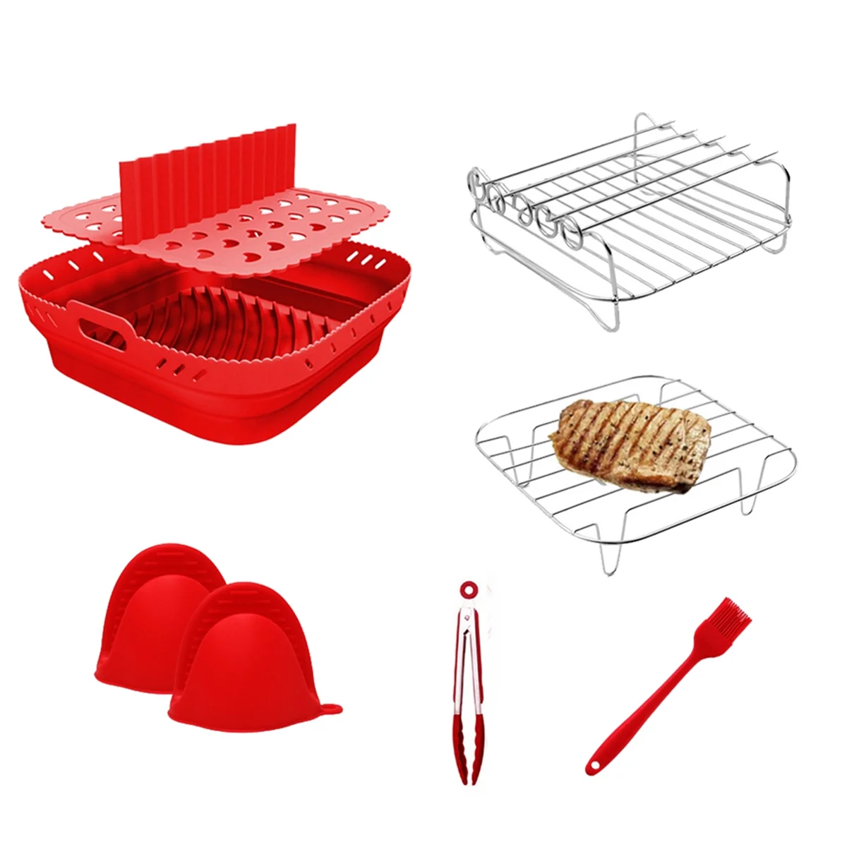 Air Fryer Silicone Shape Basket Tray Set Square Air Fryer Grill Accessories Reusable Air Fryer Mold Red