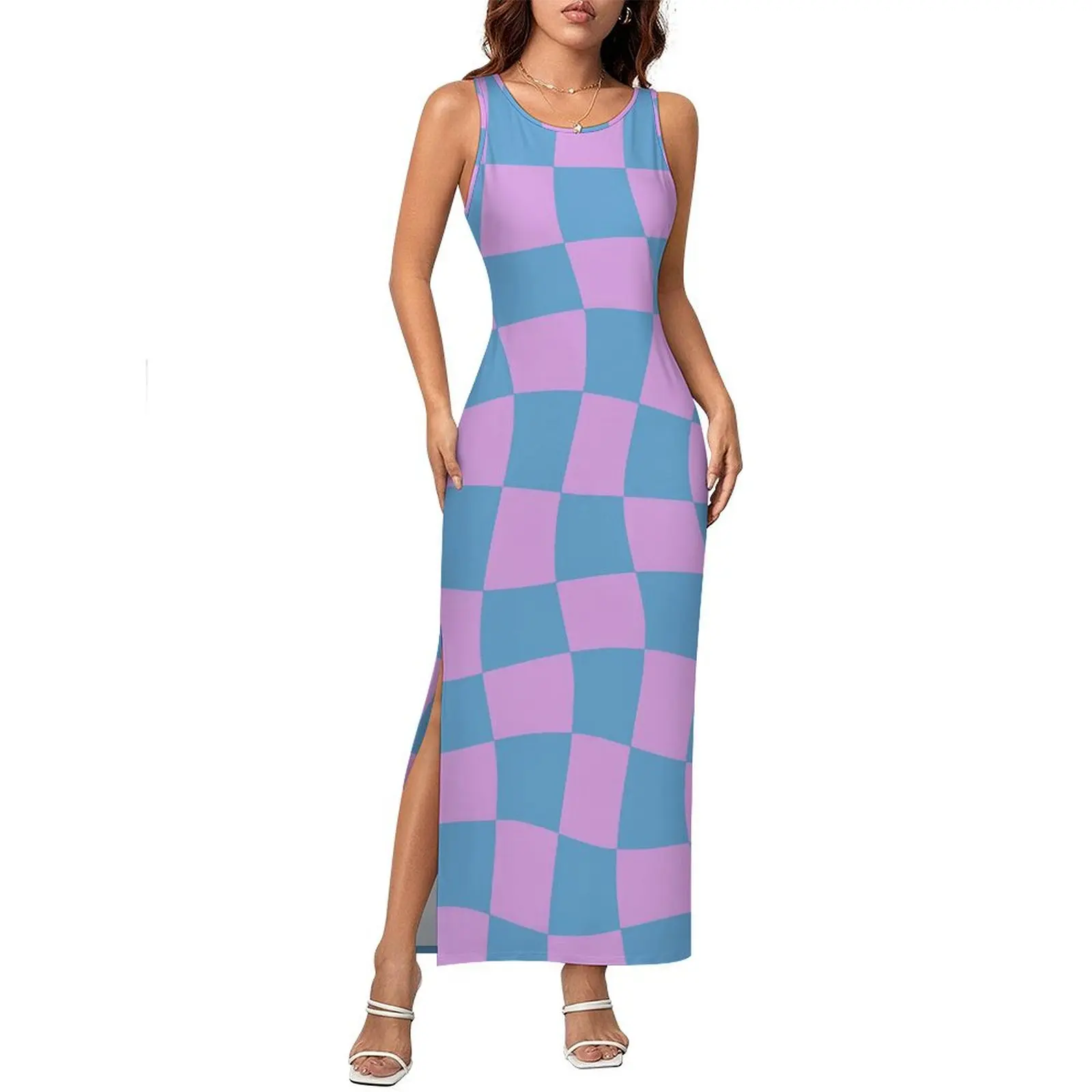 Women Bodycon Dress Kawaii Retro Mod Maxi Dresses Spring Abstract Checkerboard Sleeveless Korean Fashion Custom Dress 3XL 4XL