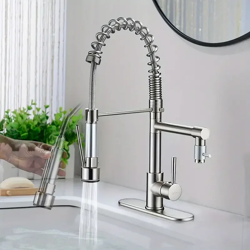 Brushed Nickel Kitchen Sink Faucet Pull Down Spray Tap W/Plate High-pressure nozzles provide powerful, high-volume spray