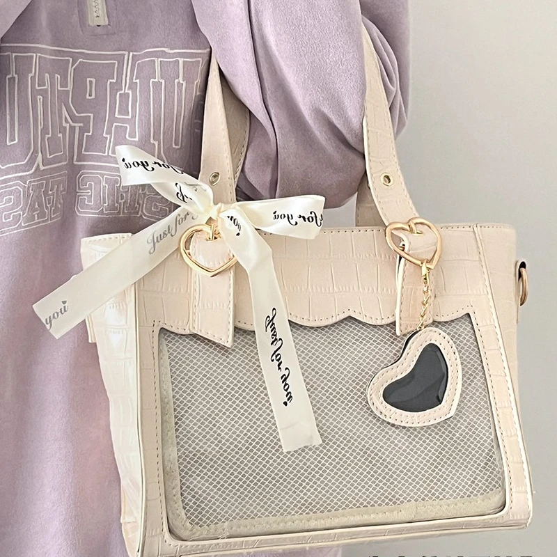 Y2k Aesthetic Heart Women Ins Simple Crossbody Bag All Match Sweet Bow Handbags Pu Leather Fashion Trendy  Bags Korean