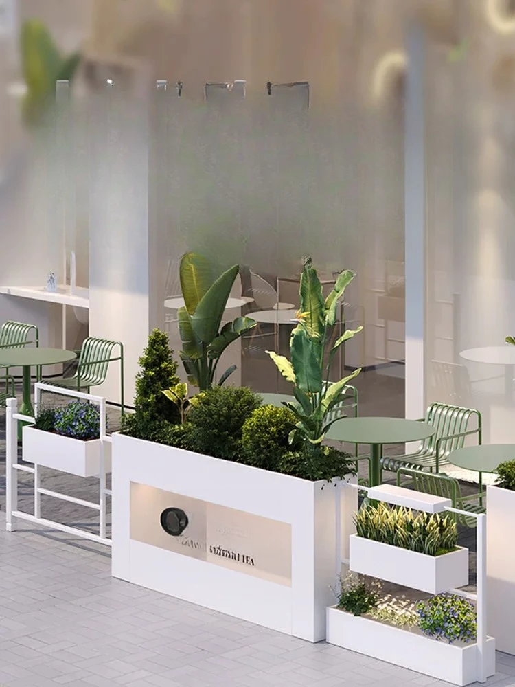 Outdoor storage with illuminated creative flower box combinations, open-air restaurant fences, pedestrian street partitions