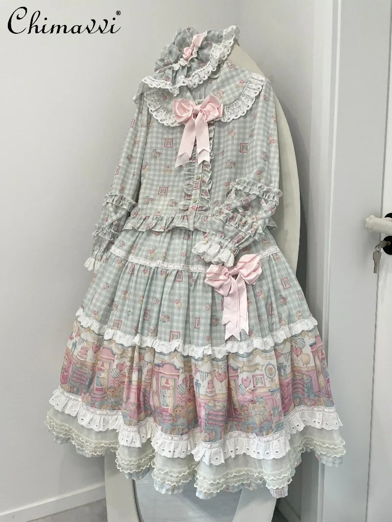 

Original Fairy Sweet Girl's Outfit New Spring and Autumn Cartoon Print Cute Bow Top Skirt Elegant Lolita Women Two-piece Set
