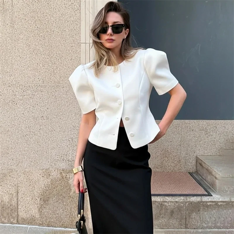 

Elegant Satin Puff Sleeve Blouse For Women Round Neck Button Down Fitted Waist Asymmetric Hem Office & Formal Wear Tops