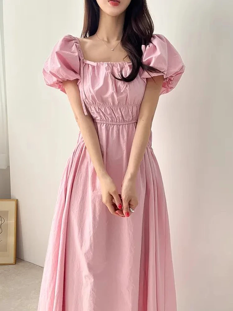 Chic Summer Sweet T Dr with Bowknot Bubble Sve Gathered Waist Slimming Women's Faion Korean Sle High Waist Long...