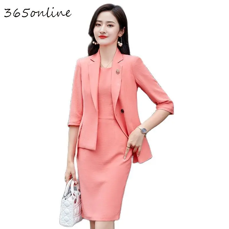 Costumes de bureau roses pour femmes avec robe, blazers de bureau pour dames, vêtements de travail d\'affaires, mode d\'été, styles d\'avocat, ensemble