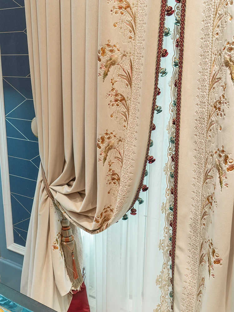 Customized Milk Tea Color Embroidery Window Screen Velvet Curtains for Bedroom Living Room French Window Balcony Window Villa