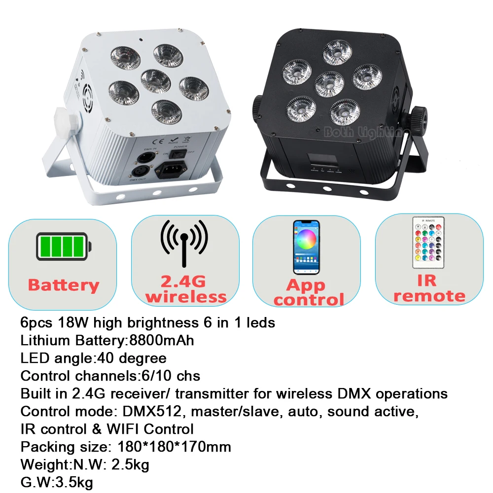 Bothlighting 4PCS RGBWA+UV LED Par Light 6x18W DMX Stage Light Rechargeable Built-in Battery Wireless Uplight Dj Lights