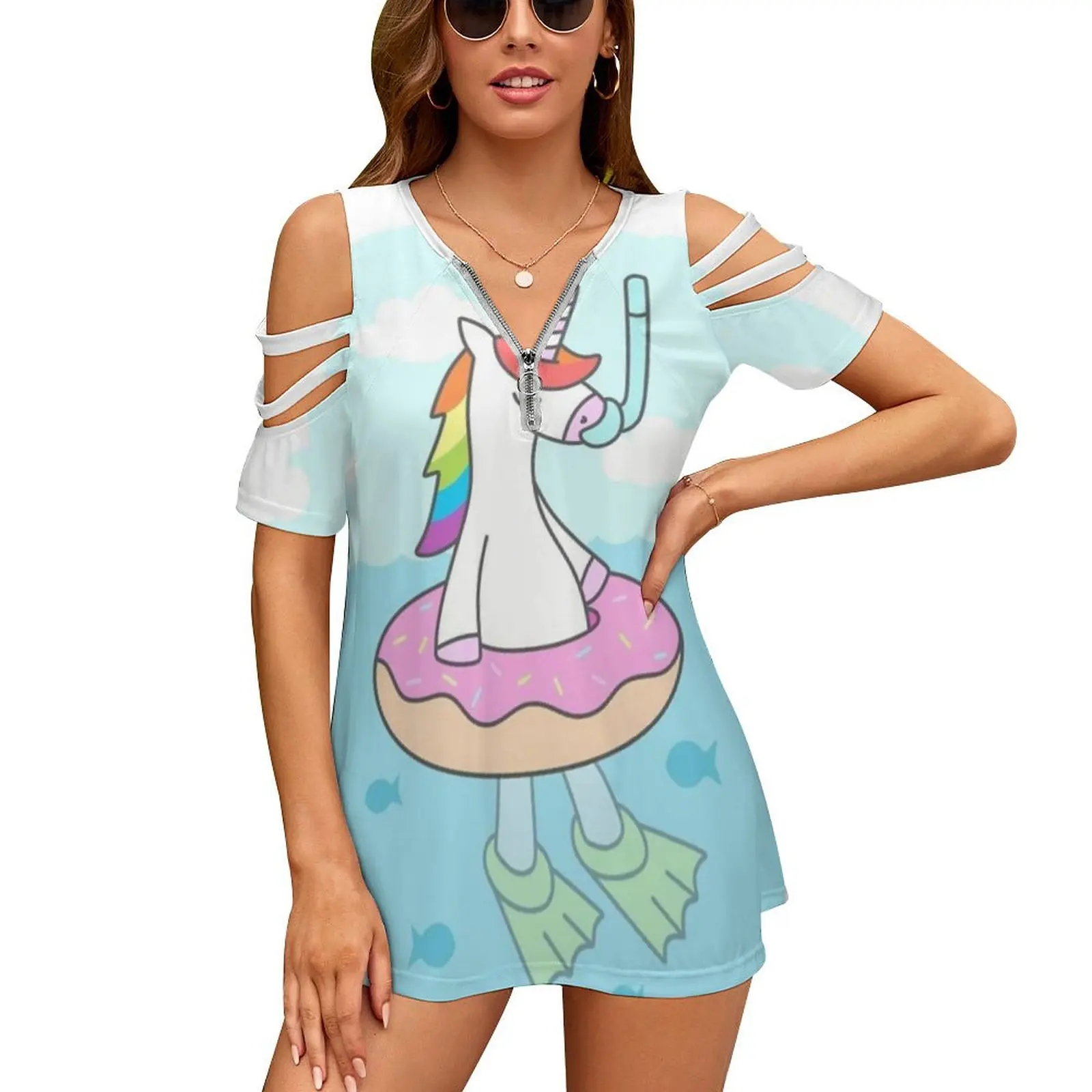 Unicorn Dive New Fashion Zip Off Shoulder Top Short-Sleeve Women Shirt Unicorn Summer Beach Fantasy Magic Rainbow Swimming