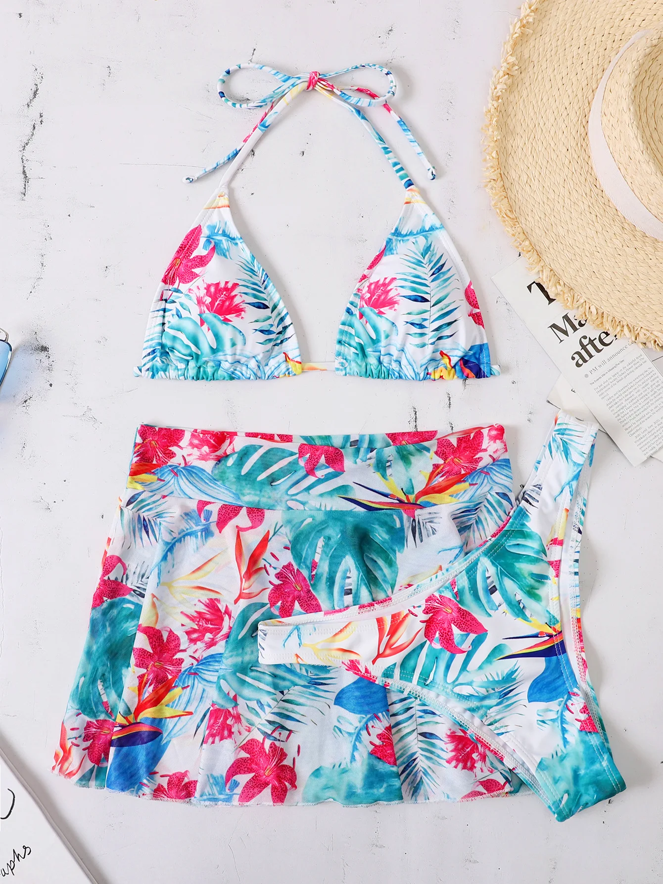 sexy leaves print halter tie bikinis sets 3pcs with mini skirt swimsuits bathing suit beach outfits biquini tankini trikini