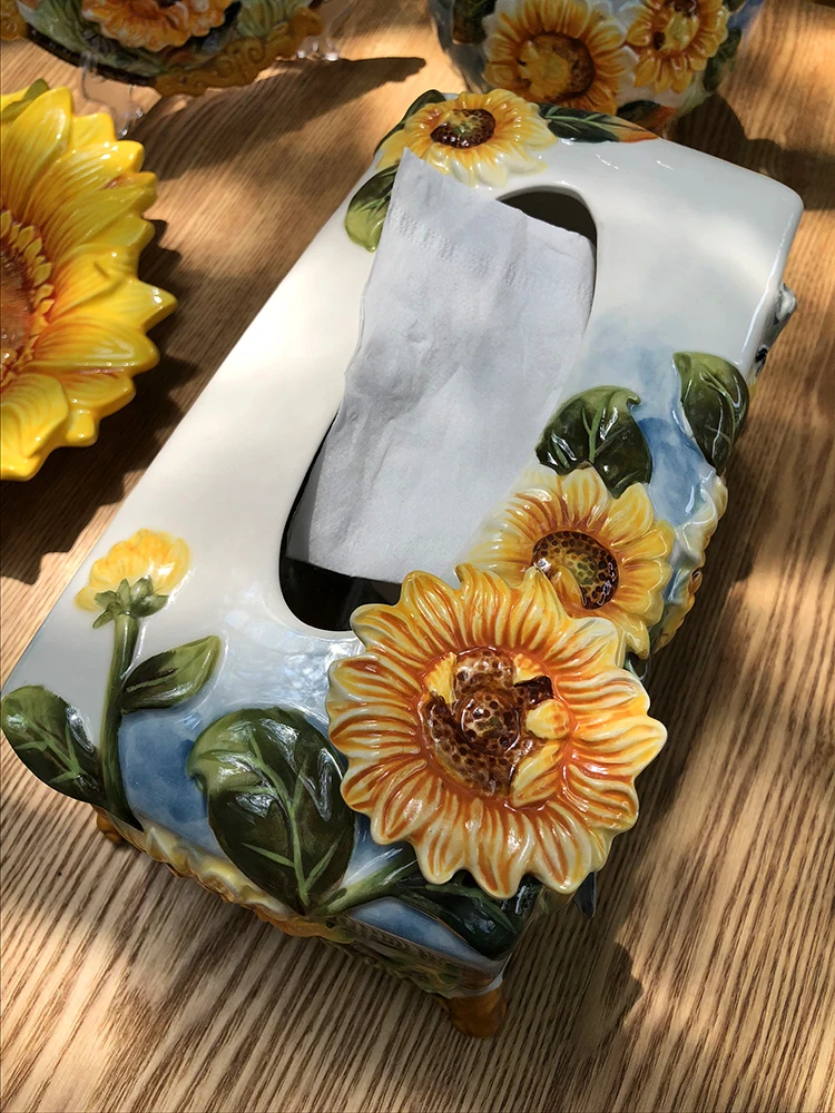 Sunflower ceramic living room tissue box, napkin box, drawer box ornaments, ornaments, table ornaments