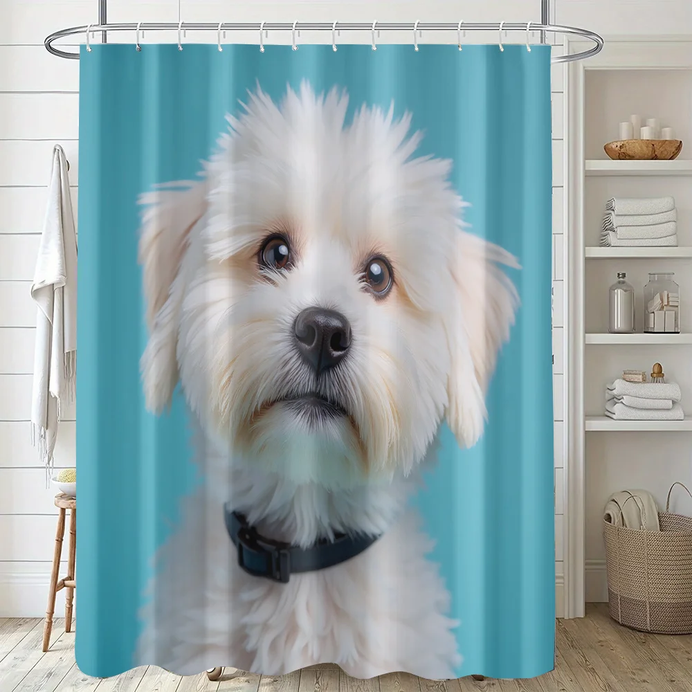 Cute Dog Portrait Shower Curtain Blue Background Puppy Lover Bathroom Decor Novelty Curtain