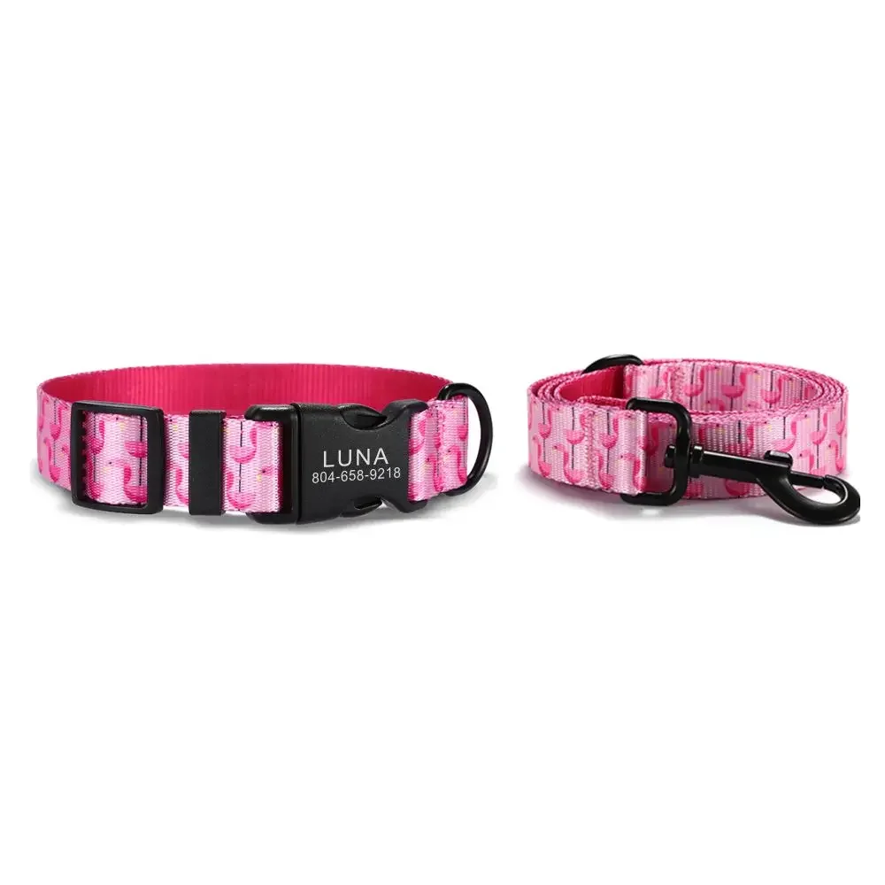 Personalized Pet Collar Customized Nameplate ID Adjustable Pink Flamingo Soft Fiber Cat Dog Collars Lead Leash