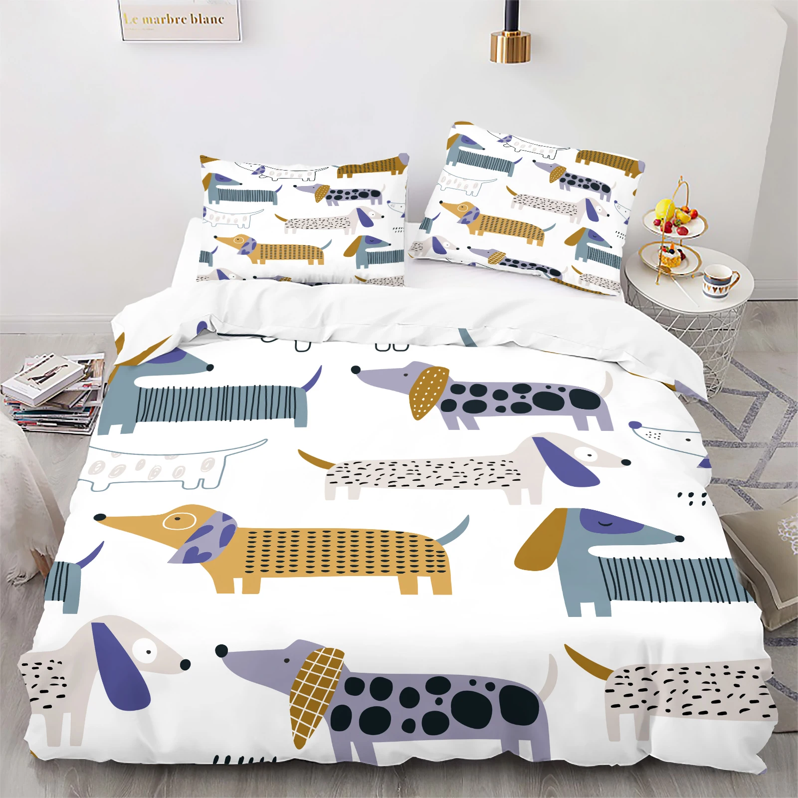 Abstract Patterned Dachshund Duvet Set on White Background. Modern Geometric Bedding for Art Lovers