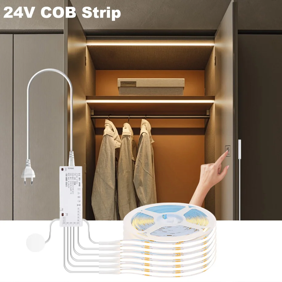 

DC24V COB LED Strip Light 320LEDs/m Kitchen Under-Cabinet for Furniture Lighting with Penetrable Wood Touch Sensor & Adhesive