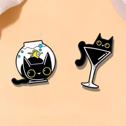 Cute Cartoon Black Cat Enamel Brooch Creative Animal Fishbowl Goblet Lapel Pin Badge Backpack Clothing Hat Accessories