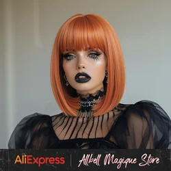 Short Orange Synthetic Wig Straight Bob Ginger Hair Wig With Bangs For Women Halloween Cosplay Wigs Multicolor Wig For Punk Girl