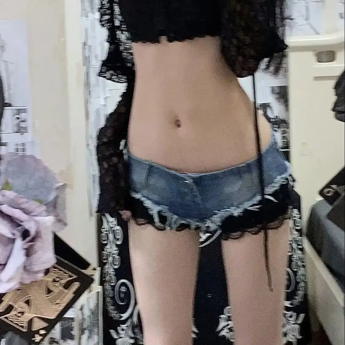 

Women's Lace Patchwork Ultra Shorts Jeans Y2k Low Waisted Tight Sexy Hot Pants Short Mujer