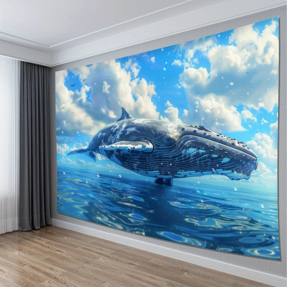 Whale in Sky-Sea Tapestry 2D Digital Print Polyester Wall Hanging Living Room Bedroom Office Studio Decor with Hooks
