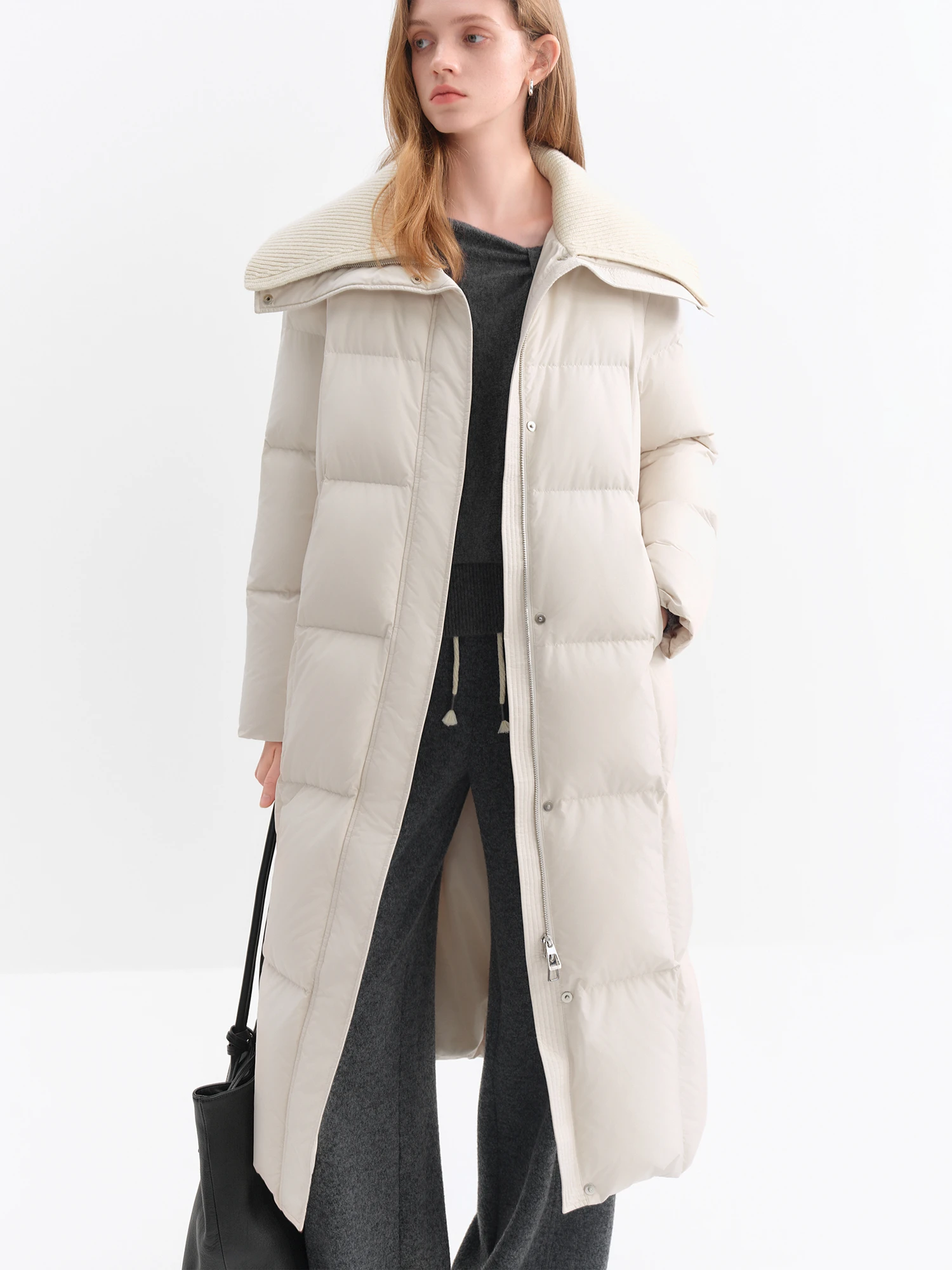 ​ FSLE 2025, langer Daunenmantel für Damen, gestrickt, Reverskragen, schlichtes H-Linien-Design, wärmeisolierte Oberbekleidung für lässige Wärme