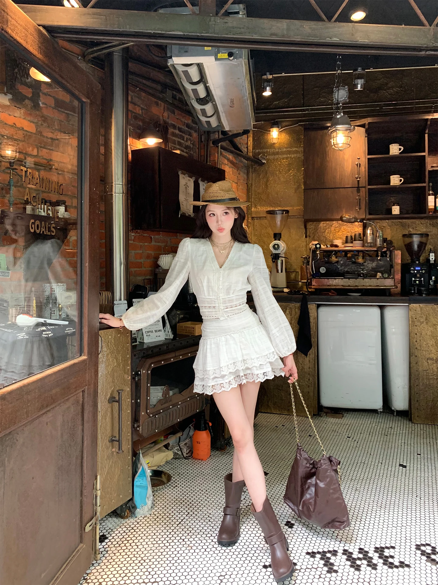 

Pinky Piggy White Moonlight Long Sve Кружевной комплект Ele Small ence Slim Splice ort Юбка Casual Sle Summer Faion