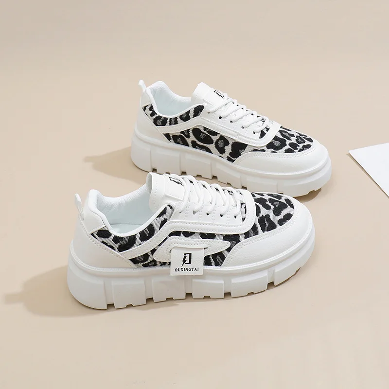 

New 2025 leopard prints sneakers woman platform shoes lace up chunky trainers women's tweed comfortable casual fashion sneakers