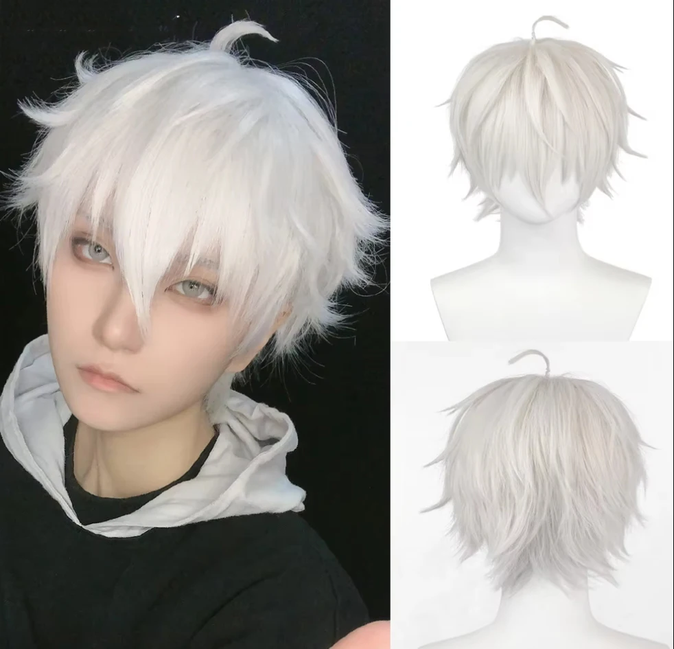 Hanerou peruca curta masculina sintética reta ondulada peruca de cabelo branco resistente ao calor para festa diária de cosplay de anime