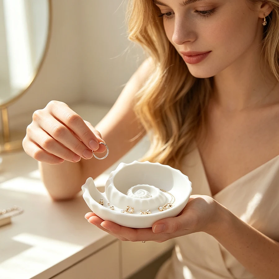 Creative Conch-Shaped Matte White Jewelry Display Tray, Scallop-Edged Exquisite Jewelry Dish, Ring Dish, Earring and Necklace Display Stand, Small Accessory Storage Tray, Dressing Table Storage Items, Bedside Table, Entryway, Bathroom Tray, Nordic Modern Style Multifunctional Desktop Storage Tray, Smooth Matte Finish, Elegant and Cute, Home Room Countertop Decoration, Bridesmaid Favors, Holiday Gifts, Creative Birthday Gifts for Women