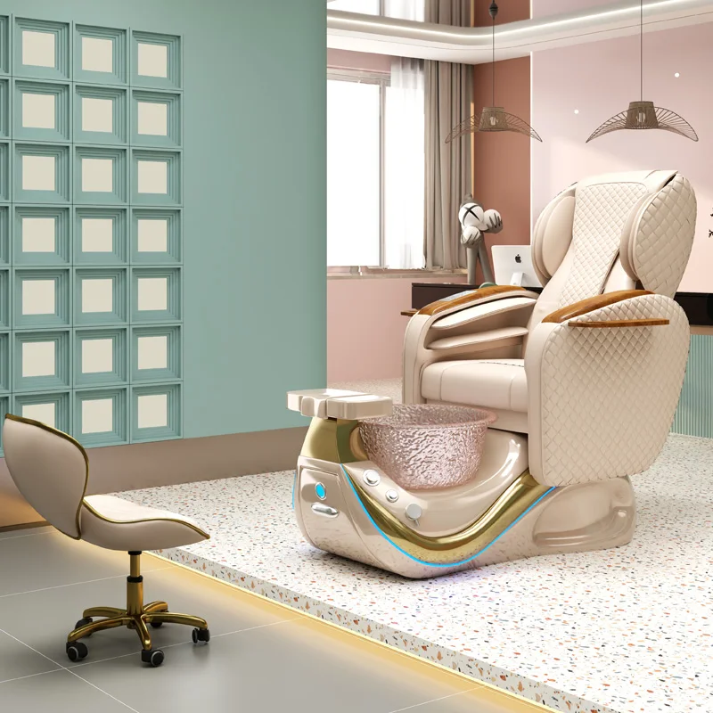 Luxury Beige PU Pedicure Spa Chair with Glass Foot Basin, Electric Reclining Foot Massage Chair Wooden Armrest Nail Salon Furnit