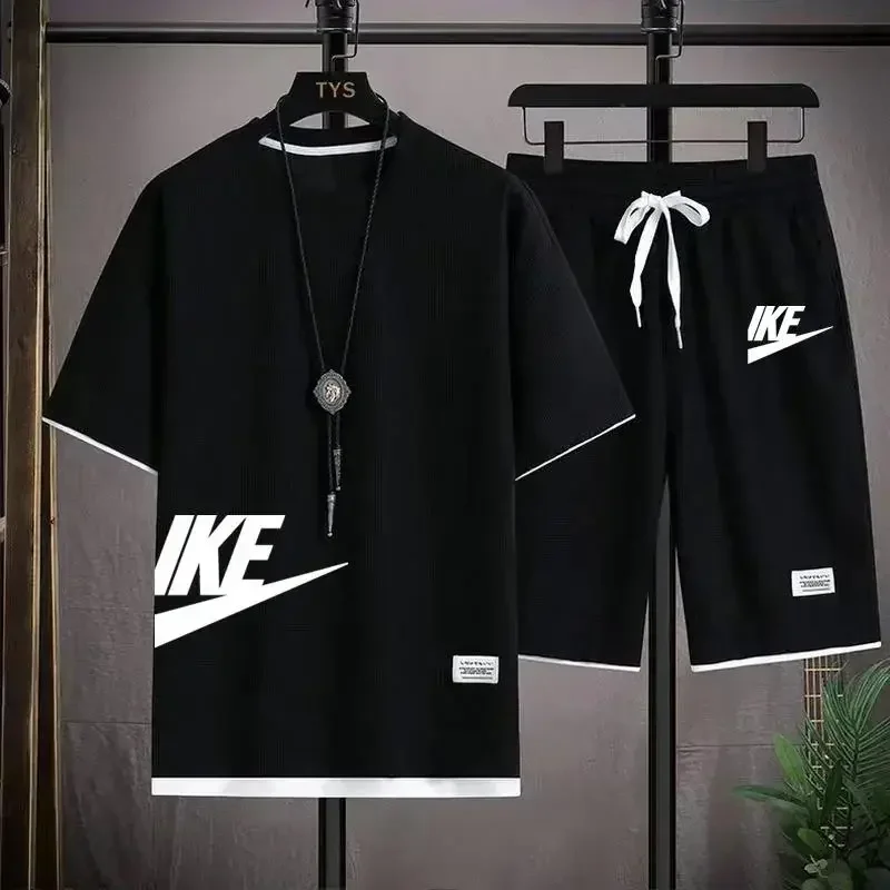 

2025 Men's breathable short-sleeved T-shirt + jogging shorts two-piece summer fashion quick-dry fitness leisure sports suit