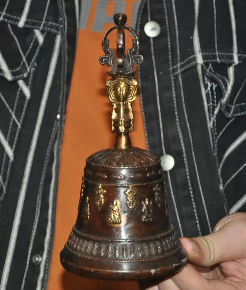 

7 Inch Vintage Tibetan Buddhist Temple Bronze Buddha Head Bell Bell Bell - Brass animal sculpture