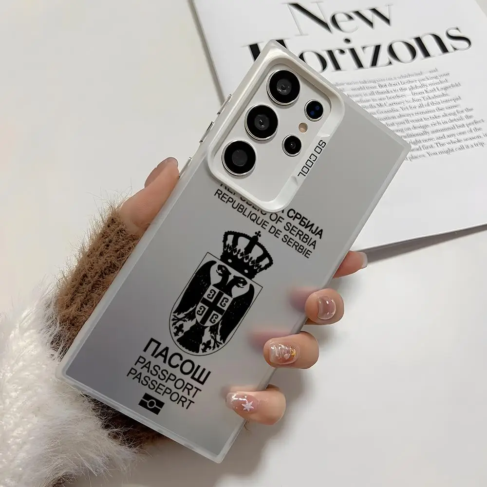 セルビアパスポートデザインのスマホケース、Samsung Galaxy S25 Edge、S24、S23、S22、S21、S20 Ultra対応、シリコン製シルバーのスマホケース