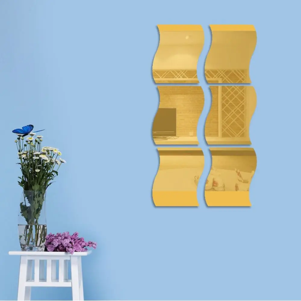 Simple Wave Shape 3D Mirror Wall Sticker DIY Art Acrylic Decorative Tile Stickers Self-Adhesive Mirror for Home Decor