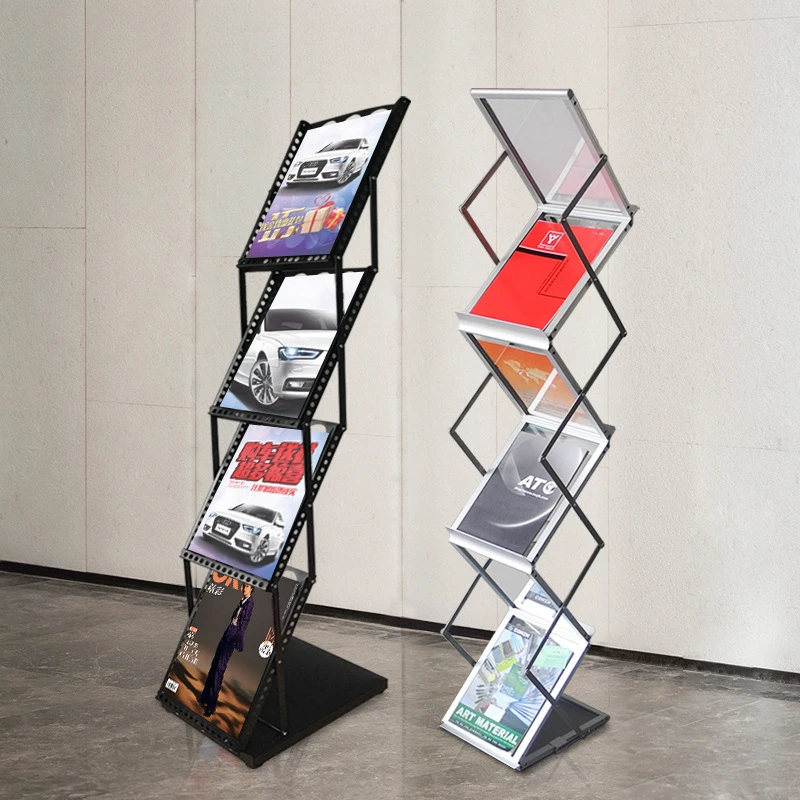 

A4 Iron Folding Information Rack Newspaper Rack Acrylic Exhibition Storage Floor Medieval Magazine Shooting Bookshelf