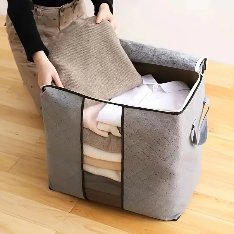 1pcComforter Bags With Zipper, Large Clothes Storage Bag, Clothes Organizer With Handle Clear Window, Storage Bins Containers Fo