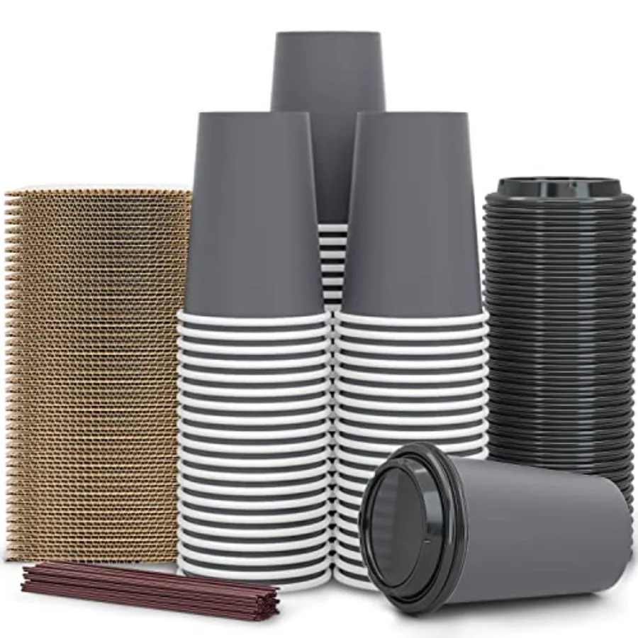 

100 упаковок одноразовых кофейных чашек на 12 унций с крышками, рукавами и соломинками 100 биоразлагаемых компостных PLA, экологически чистая бумага C