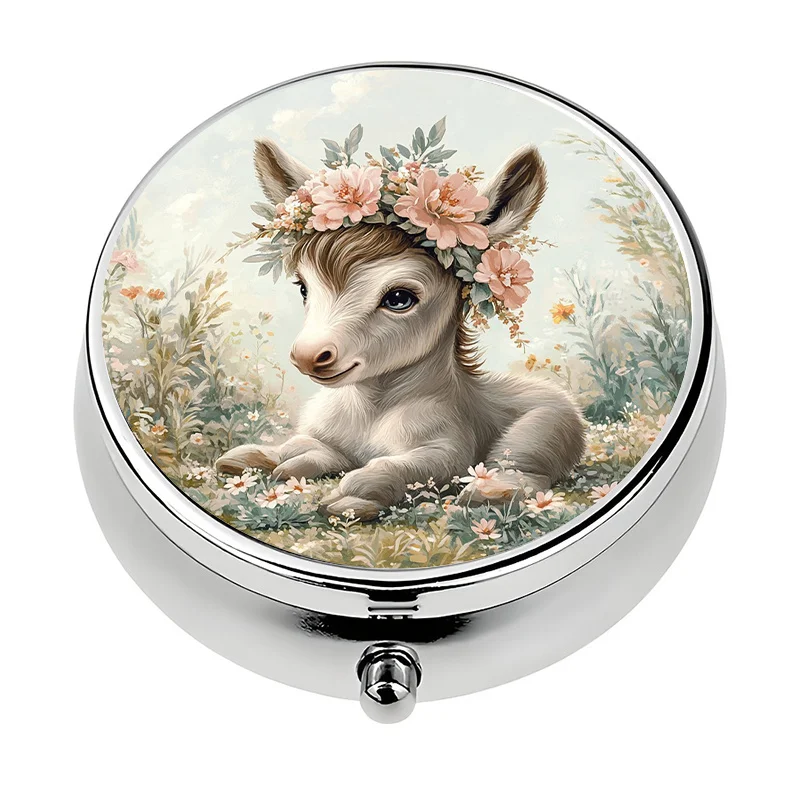 A small pill box with a three-compartment design and a floral donkey pattern, perfect for organizing pills and also a unique travel gift
