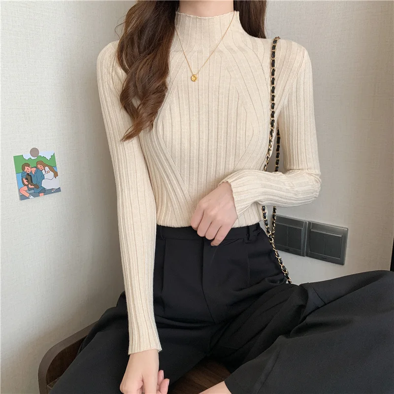 Knitted Sweaters Women Ribbed Pullover Half Turtleneck Jumper Sweater Autumn Winter Slim Chic Streetwear Long Sleeve Y2K Top