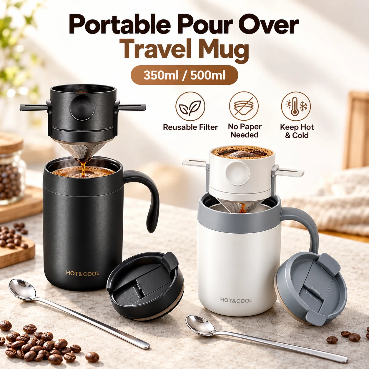 BIGE Portable Pour Over Coffee Travel Mug Set 350ml 500ml Reusable Filter Foldable Dripper with Spoon Hot Cold Cup