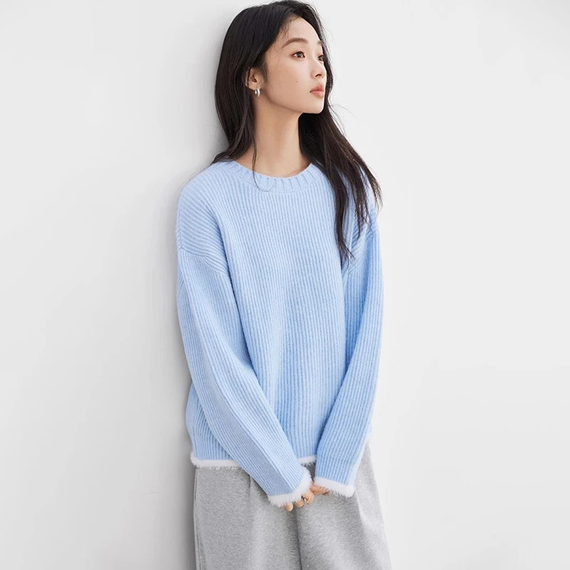 

High Quality Long Sleeve O-neck Knitted Sweater For Women Chic Patchwork Loose Sweater Pullovers Autumn Korean Ribbed Knitwear