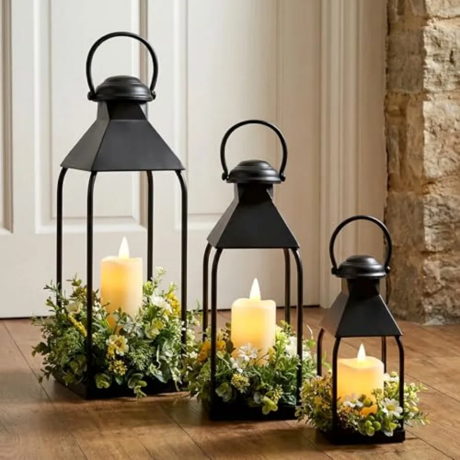 

Decorative Metal Lanterns Indoor Outdoor, Set of 3 Farmhouse Lantern Holders Without Candles for Porch, Patio, Fireplace, Floor