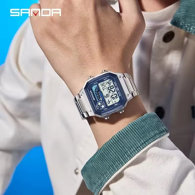 Jam Tangan Elektronik Pria SANDA 6196 Baru 2025 Multifungsi Alarm Kalender Tahan Air LED Digital Olahraga Tali Baja reloj