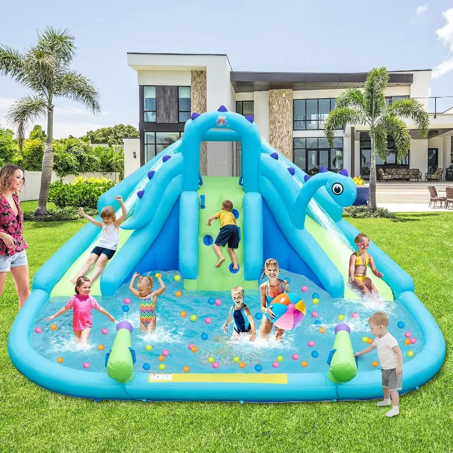 Scivolo gonfiabile per acqua, parco per casa con rimbalzo d'acqua di dinosauro per bambini e adulti all'aperto, scivoli doppi e piscina antispruzzo, combinato asciutto e bagnato B
