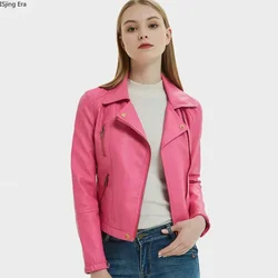 Chaqueta corta de cuero PU para mujer, a la moda cuello tipo Polo, cuero pequeño para motocicleta, Q14, 2023