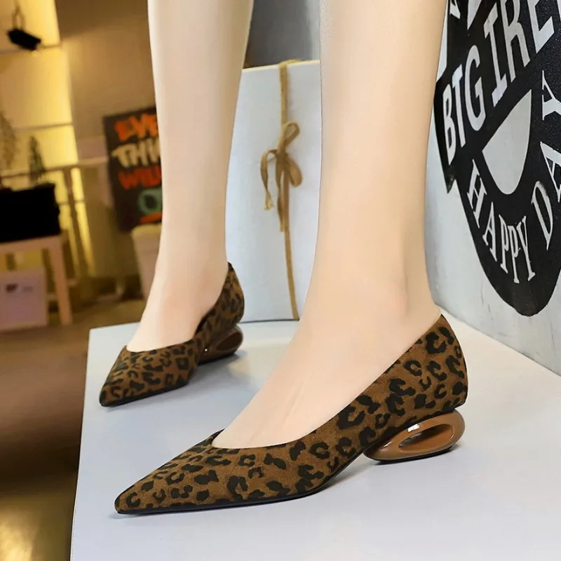 

Pointy leopard print suede single shoes women's low heel shallow hollow heel shoes temperament women's leather shoes