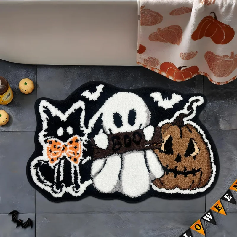 VIKAMA Irregular Halloween Ghost Cat Pumpkin Bath Mat Non‑Slip Floor Mat For Bathroom Indoor Household Festival Party Decoration